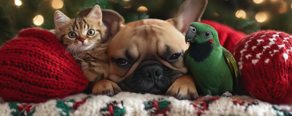 dog cat and bird on christmas