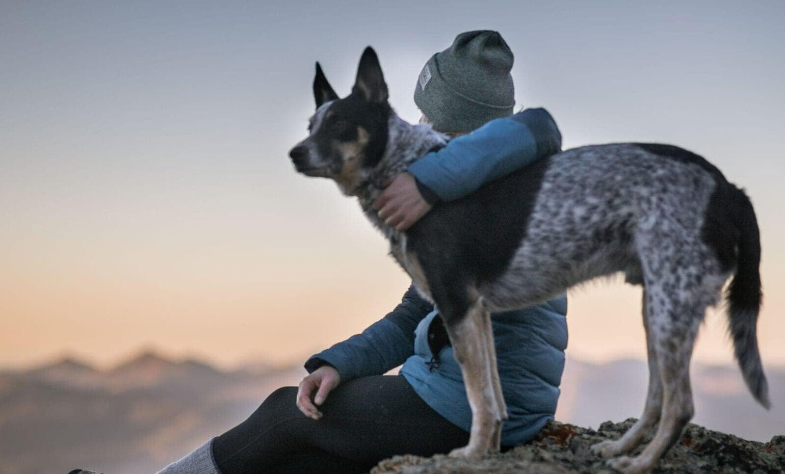 woman holding dog staring at mountains