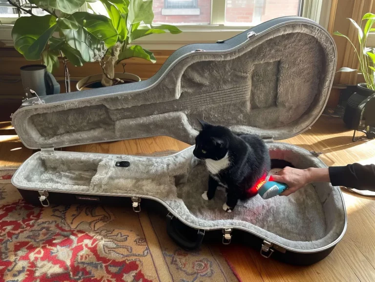Cat being tried by Luma while sitting in a guitar case