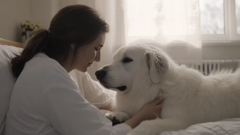 Woman with white dog at home