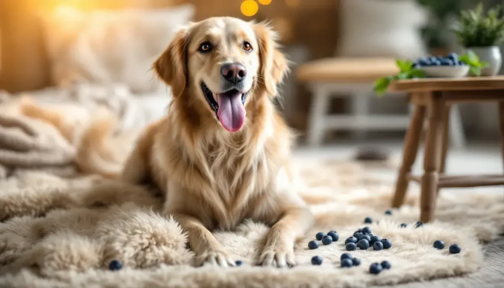 Dog on a carpet with blueberries on the ground