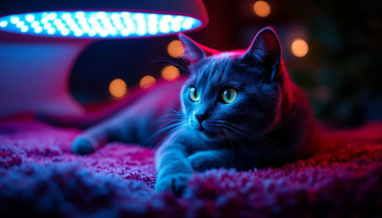 A cat is comfortably resting while receiving red light therapy, a non-invasive treatment that utilizes specific wavelengths of near infrared light to promote healing and reduce inflammation. This light therapy device is aimed at the cat's skin, enhancing blood flow and aiding in tissue repair for pain management and faster healing of any wounds or discomfort.