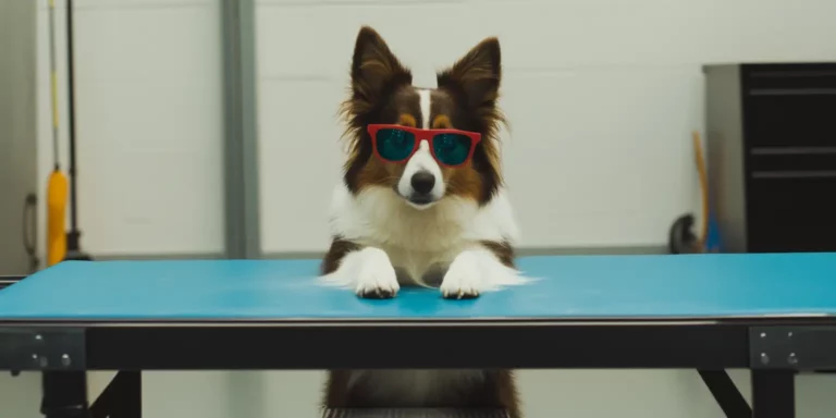 Dog with sunglasses with paws on table