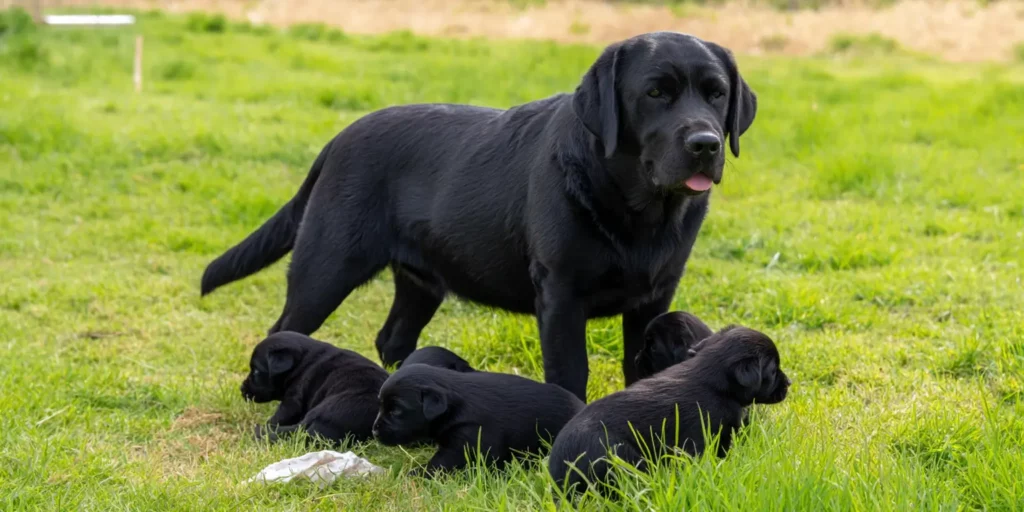dog with puppies in green field