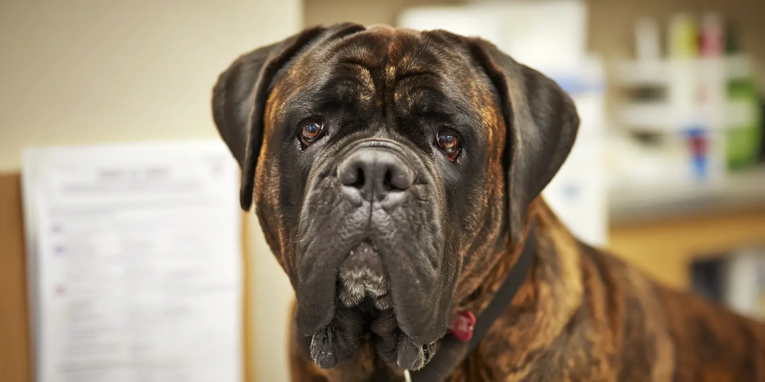 dog at the vet staring into the camera