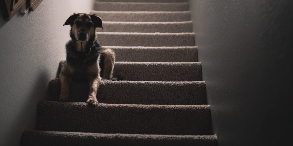 Dog sitting on steps