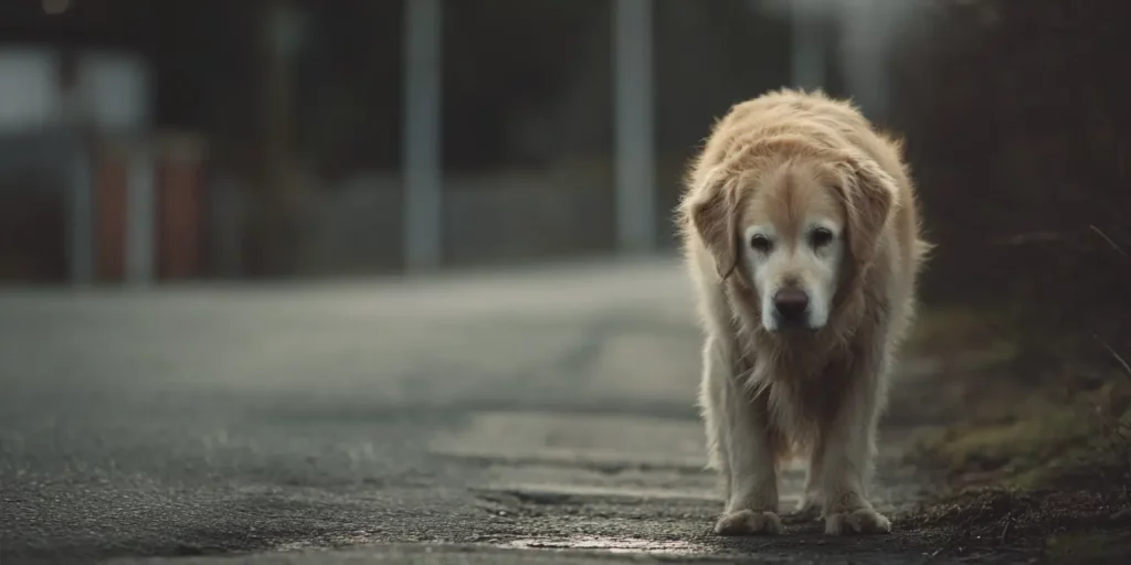 Senior dog walking down the street