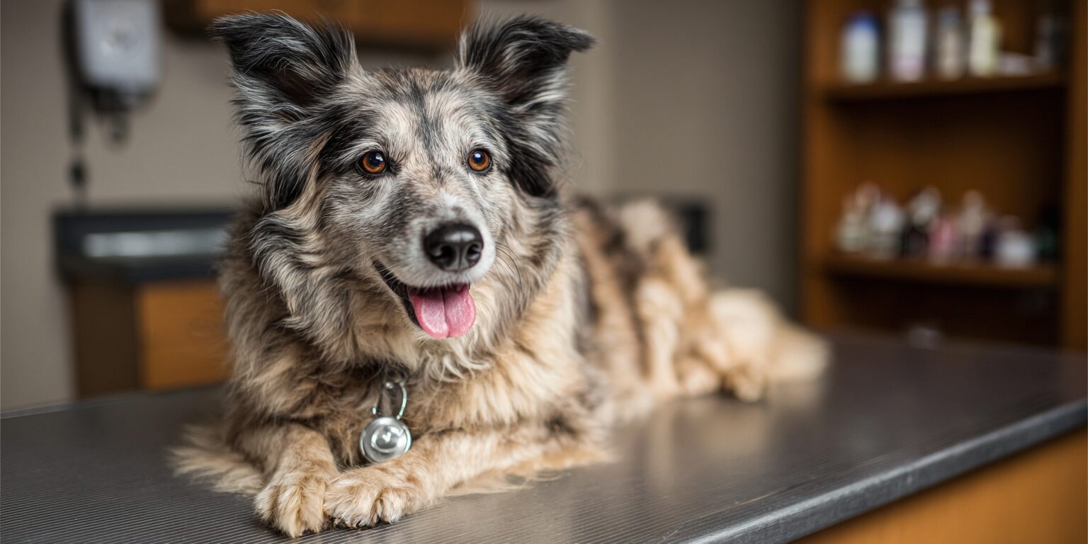 A dog receiving treatment for excessive paw licking.