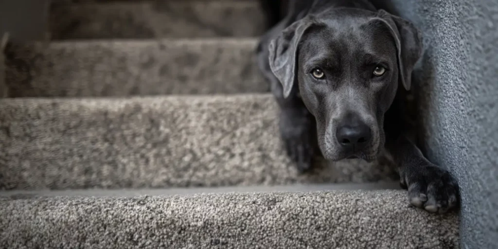 Dog on stairs staring at camera