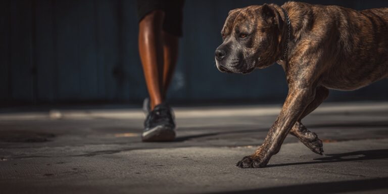 Dog walking next to owner