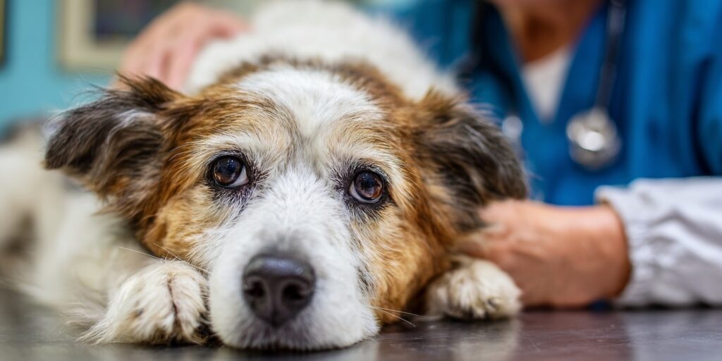 Dog on table with veterinarian