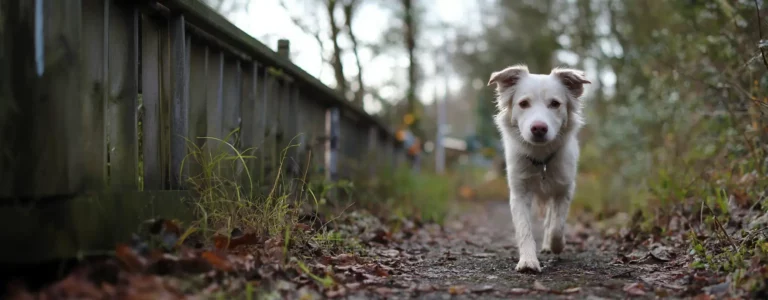 Dog walking on a wooded path