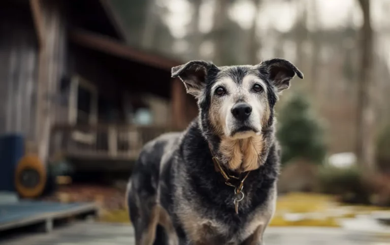 Senior dog out by a cabin staring at the camera