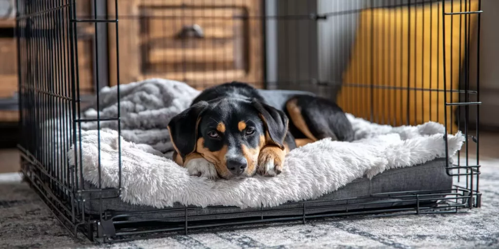 Young dog resting in a crate