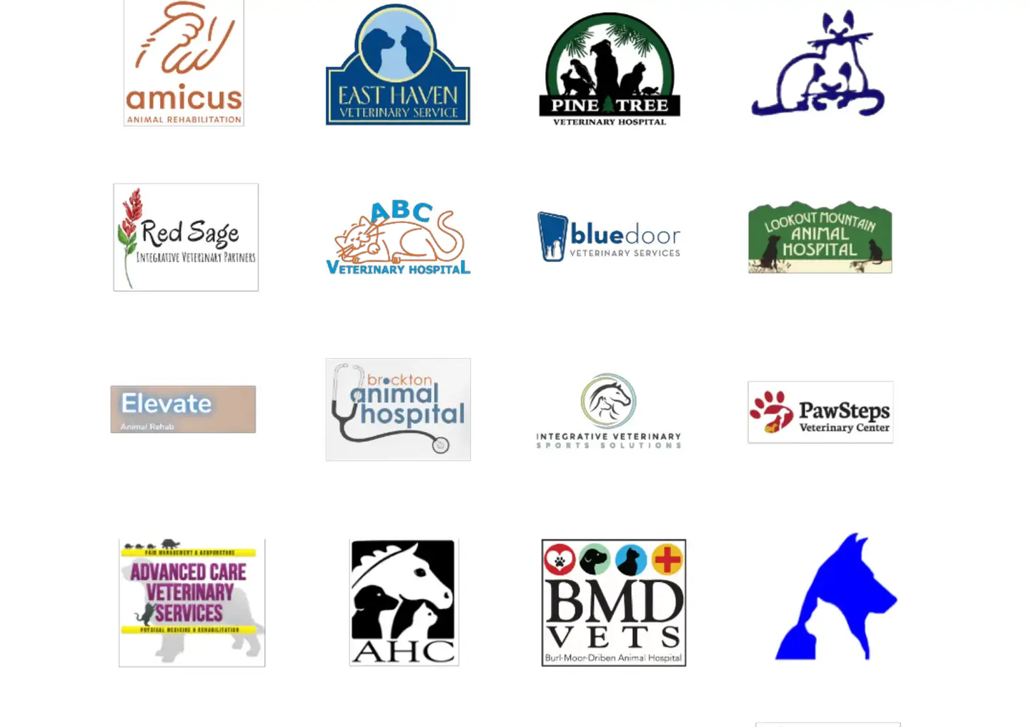 Collage of veterinary clinic logos arranged in a grid, representing partner animal hospitals and veterinary services.