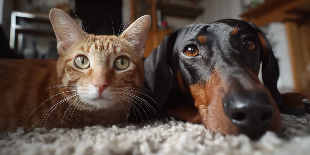 Orange tabby cat and a dachshund lying close together on a light carpet, looking at the camera.
